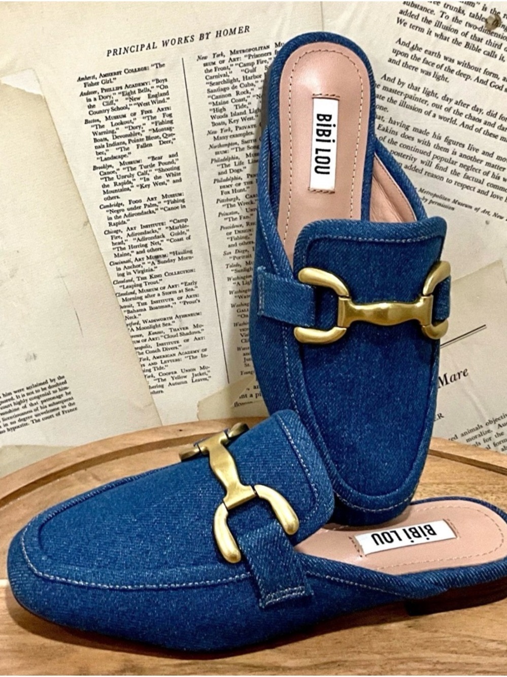 Anthropologie Bibi Lou Zagreb Slip On Loafers Denim Gold Trim